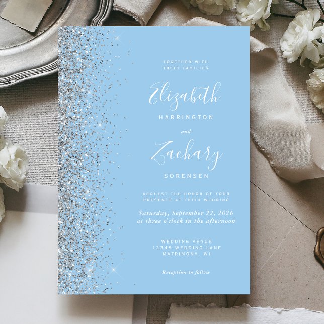 Invitación de boda con brillo plateado y azul past (Subido por el creador)