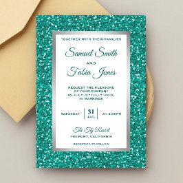 Invitación de boda con brillo teal y lámina platea
