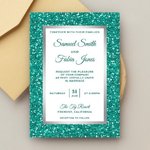 Invitación de boda con brillo teal y lámina platea