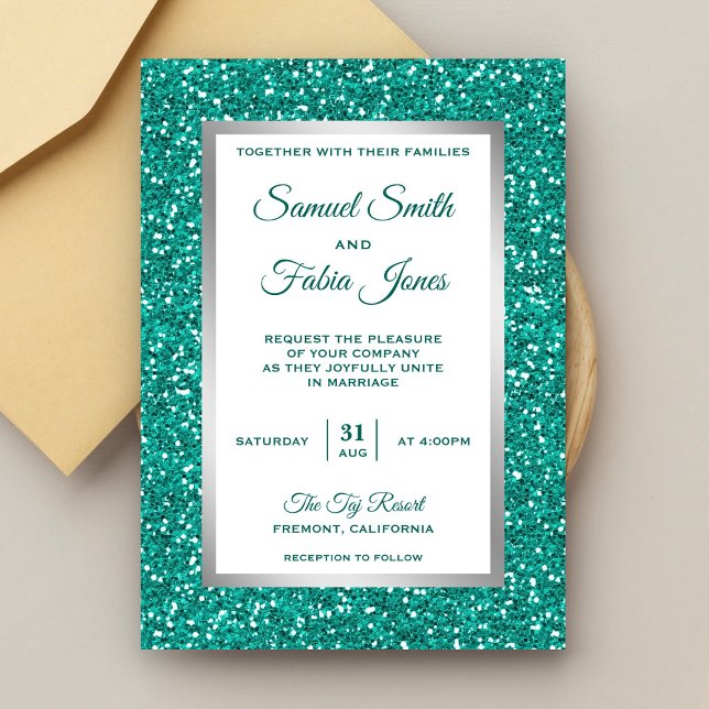 Invitación de boda con brillo teal y lámina platea (Subido por el creador)
