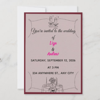 Invitación de boda con brindis de champán y cena