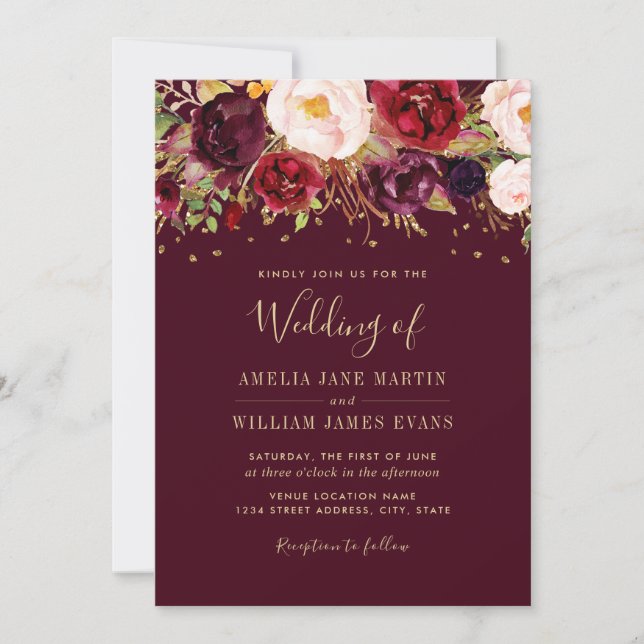 Invitación de Boda con Burdeos Dorado Espumoso Mar (Anverso)