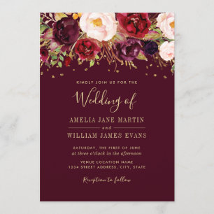 Invitación de Boda con Burdeos Dorado Espumoso Mar
