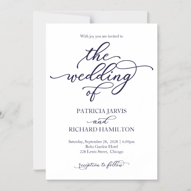 Invitación de boda con caligrafía azul marino eleg (Anverso)