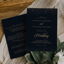 Invitación de boda con caligrafía de confeti dorad