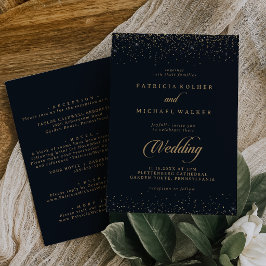 Invitación de boda con caligrafía de confeti dorad