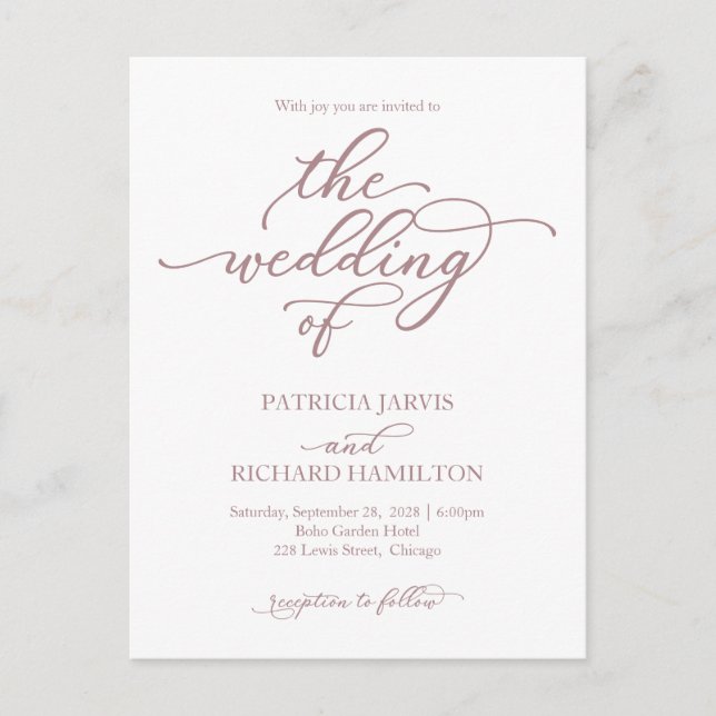 Invitación de boda con caligrafía de oro rosa eleg (Anverso)