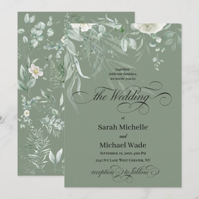 Invitación de boda con caligrafía de vegetación de (Anverso / Reverso)