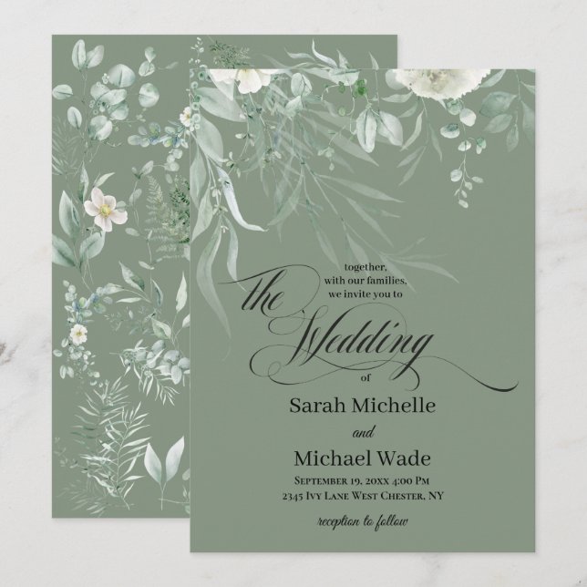Invitación de boda con caligrafía de vegetación pr (Anverso / Reverso)