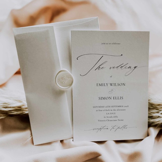 Invitación de boda con caligrafía delicada moderna (modern minimalist calligraphy wedding invitation, dainty script wedding invite, classic simple)
