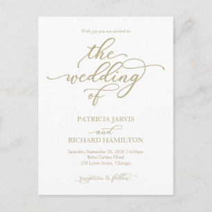 Invitación de boda con caligrafía dorada elegante