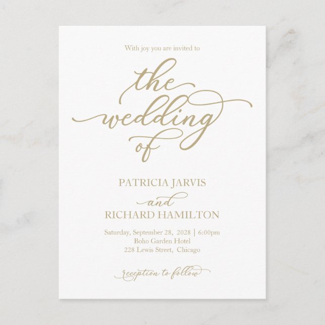 Invitación de boda con caligrafía dorada elegante (Anverso)