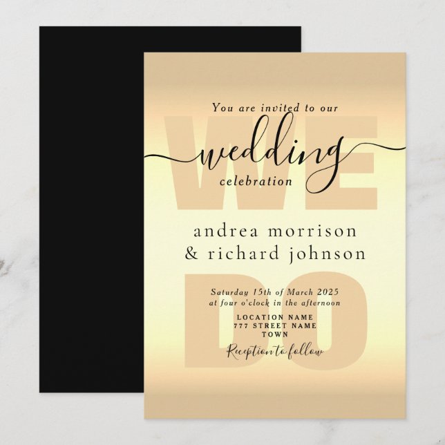 Invitación de boda con caligrafía en oro negro ele (Anverso / Reverso)