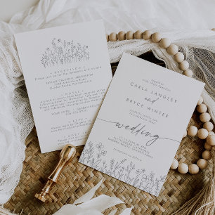 Invitación de boda con caligrafía gris y flores si