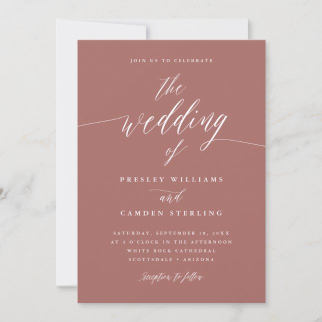 Invitación de boda con caligrafía rosa cobre (Anverso)