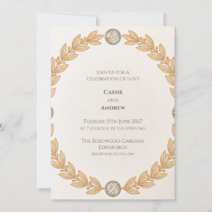 Invitación de boda con camafeo de laurel dorado