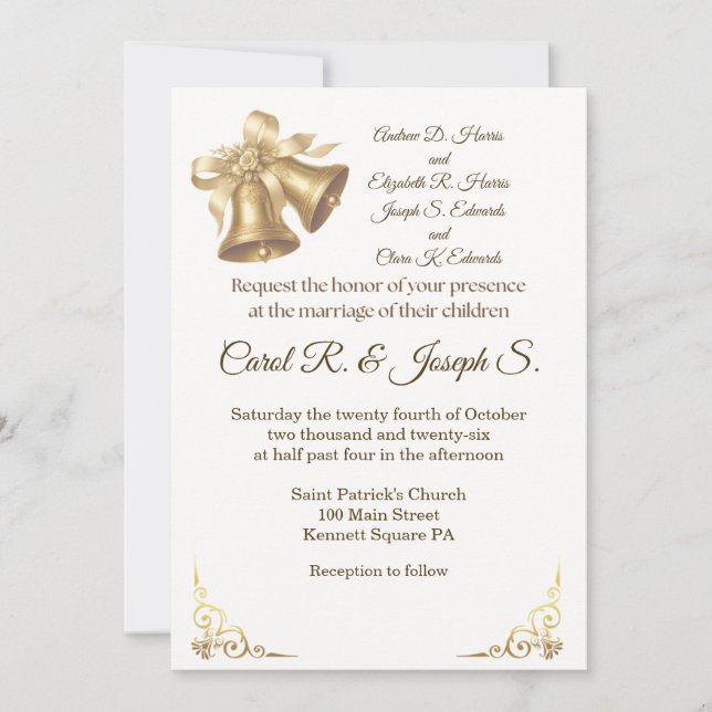 Invitación de boda con campanas de oro antiguo (Anverso)
