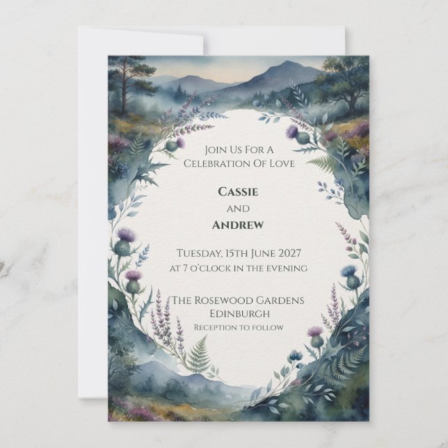 Invitación de boda con cardo de las Tierras Altas  (Anverso)