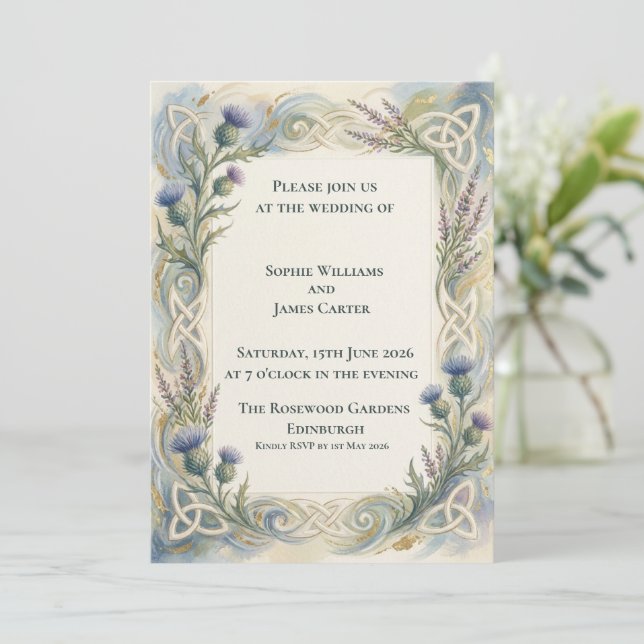 Invitación de boda con cardo en acuarela (Anverso de pie)