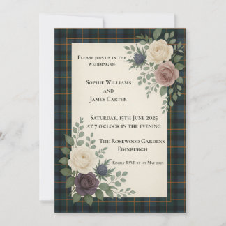 Invitación de boda con cardo y rosas de tartán esc