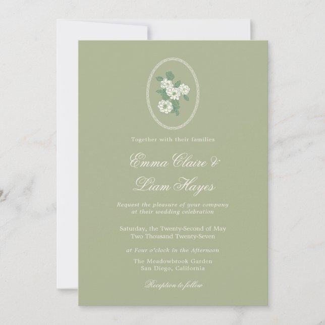 Invitación de boda con chinoiserie verde salvia (Anverso)
