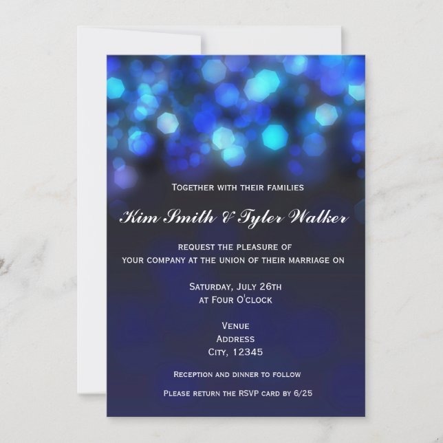 Invitación de boda con cielo luminoso y bokeh azul (Anverso)