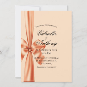 Invitación de boda con cinta de raso melocotón 