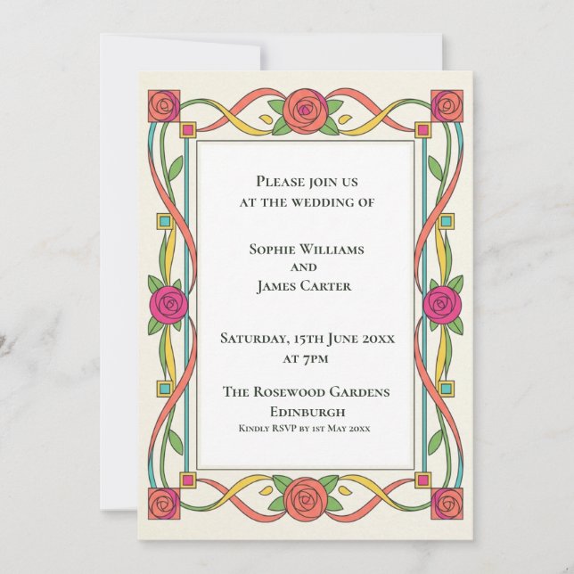 Invitación de boda con cinta de rosa Art Deco (Anverso)