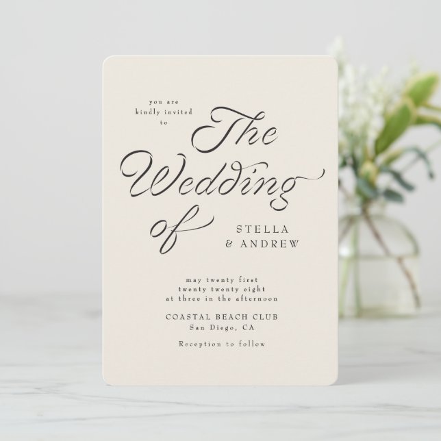 Invitación de boda con cinta elegante y letra de m (Anverso de pie)
