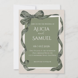 Invitación de boda con cinta verde salvia elegante