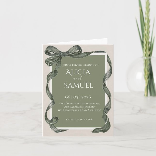 Invitación de boda con cinta verde salvia elegante (Anverso)