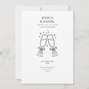 Invitación de boda con cinta y copa de champán bri