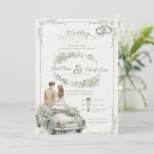 Invitación de boda con coche vintage acuarela Sage