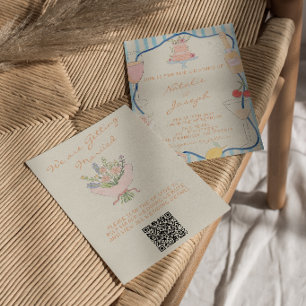 Invitación de boda con código QR a rayas dibujadas
