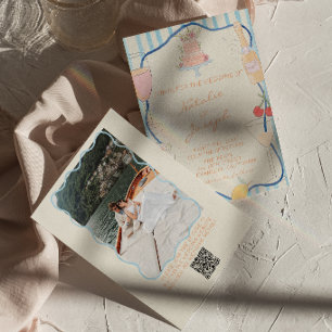 Invitación de boda con código QR a rayas dibujadas