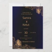 Invitación de boda con código QR azul marino y dor