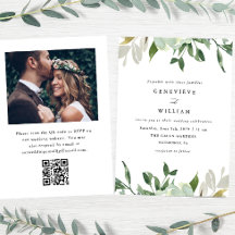 Invitación de boda con código QR de acuarela verde