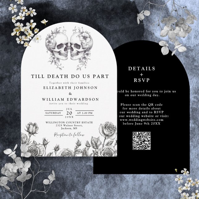 Invitación de boda con código QR de calavera gótic (All In One Till Death Gothic Skull QR Code Wedding Invitation)