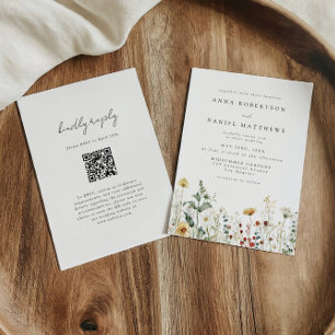 Invitación de boda con código QR de campo de flore