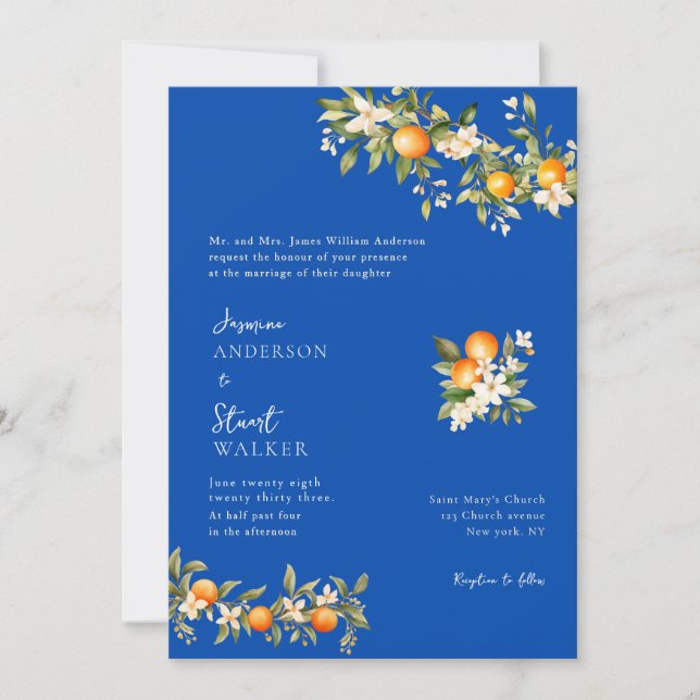 invitación de boda con código QR de citros y azul (Anverso)