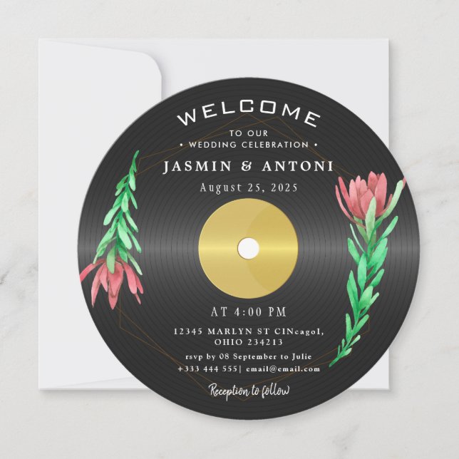 Invitación de boda con código QR de disco de vinil (Anverso)