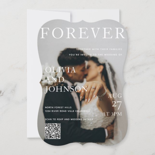 Invitación de boda con código QR de estilo de revi (Anverso)