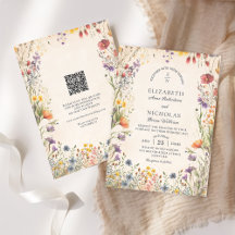Invitación de boda con código QR de flores silvest