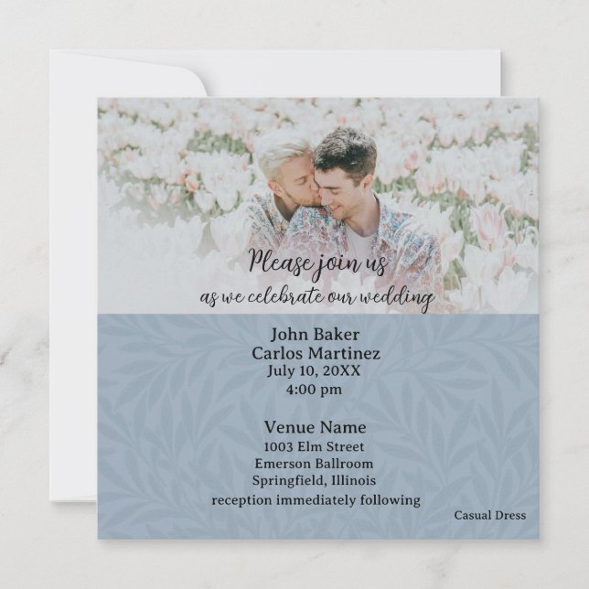 Invitación de boda con código QR de foto azul info (Anverso)