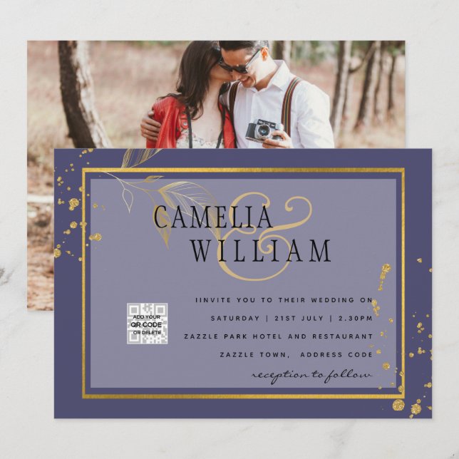 Invitación de boda con código QR de foto morada Gu (Anverso / Reverso)