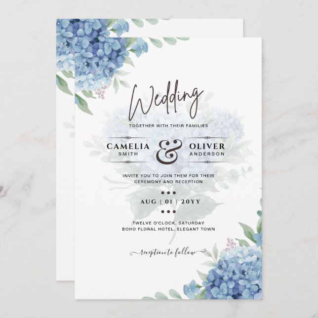 Invitación de Boda con Código QR de Hortensia Azul (Anverso / Reverso)