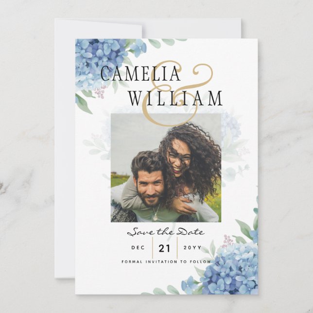 Invitación de Boda con Código QR de Hortensia Azul (Anverso)