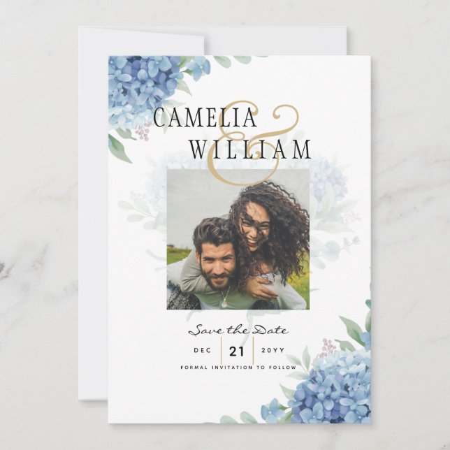 Invitación de Boda con Código QR de Hortensia Azul (Anverso)