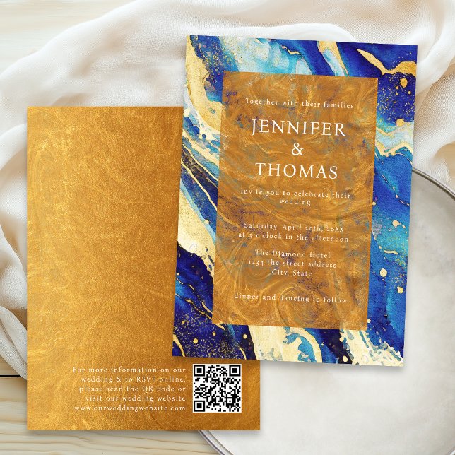 Invitación de Boda con Código QR de Oro Azul Real (Subido por el creador)