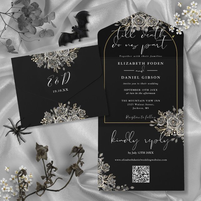 Invitación de boda con código QR de rosas negras y (Gothic Gold Arch Black Roses QR Code Wedding All In One Invitation)
